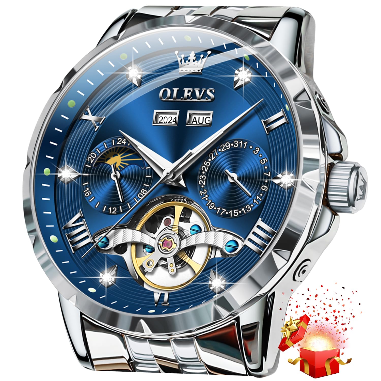 OLEVS Men's Luxury Skeleton Diamond Watch, Blue dial