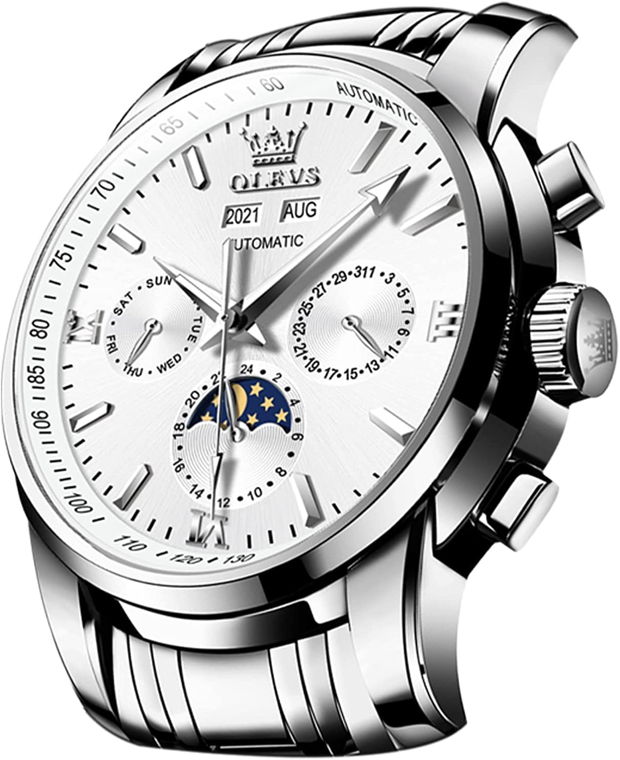 OLEVS Automatic Men Watch Self Winding Mechanical Luxury Dress Moon Phase Stainless Steel Black Watch Waterproof Luminous Calendar Wrist Watch
