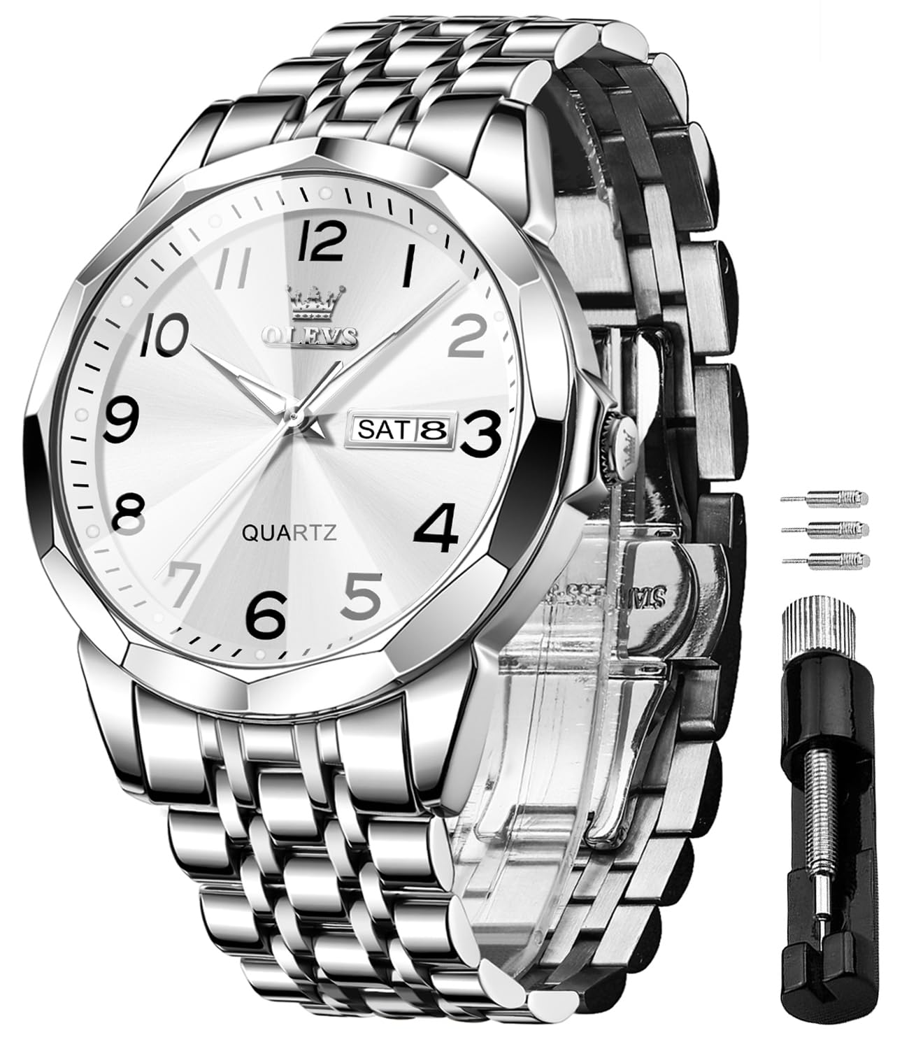OLEVS Men's Luxe Silver-Tone Business Watch, White dial