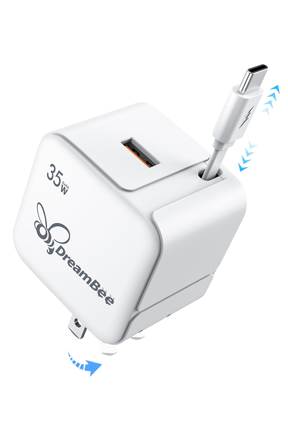 DreamBee Retractable Wall Charger 35W PD Fast USB Charger Block with Retractable Type C Cable Portable Charger Fast Charging Adapter with Foldable Plug for iPhone 16/15 Pro Max/iPad/Galaxy/Pixel
