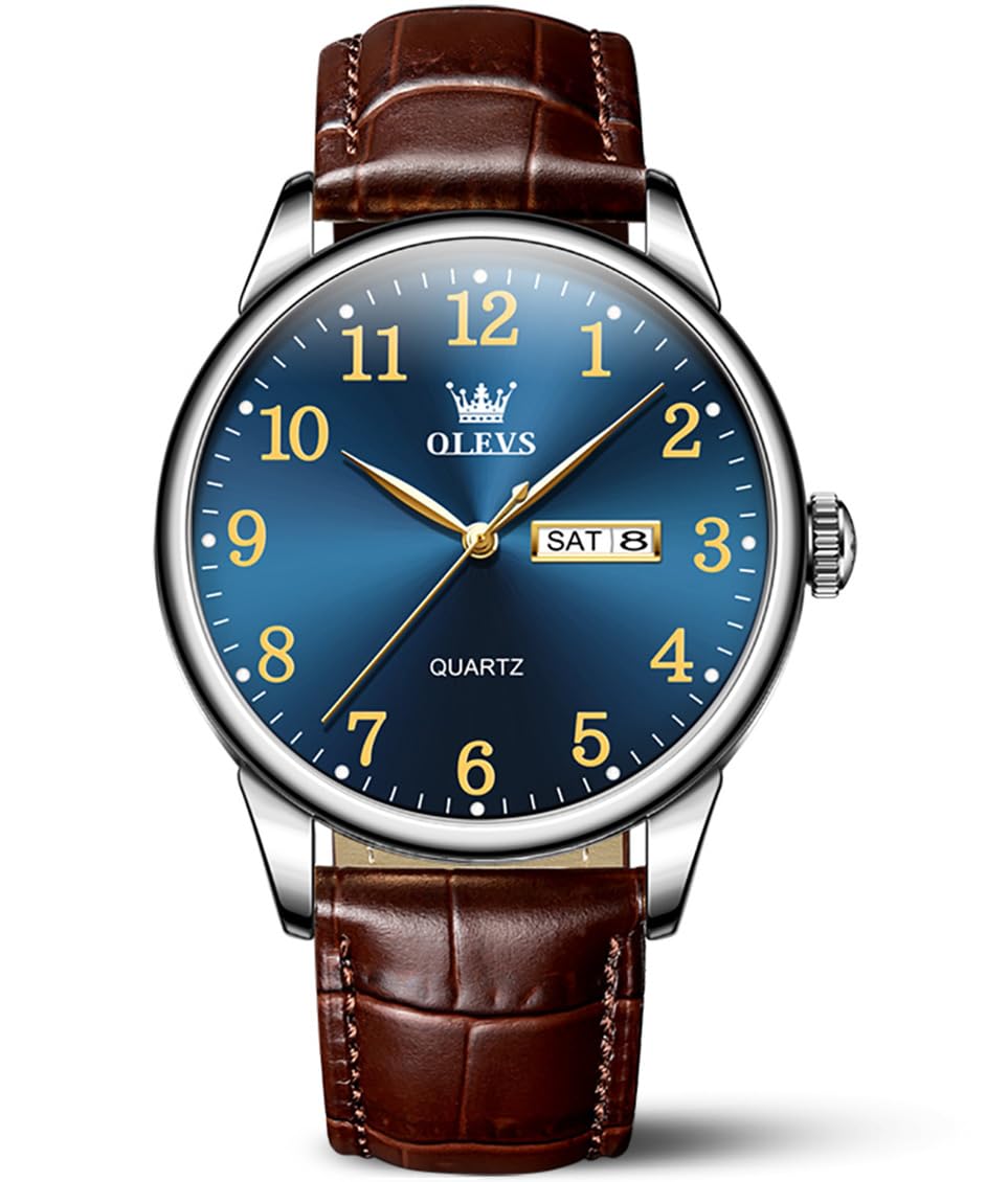 OLEVS Brown Leather Men's Watch with Blue Dial