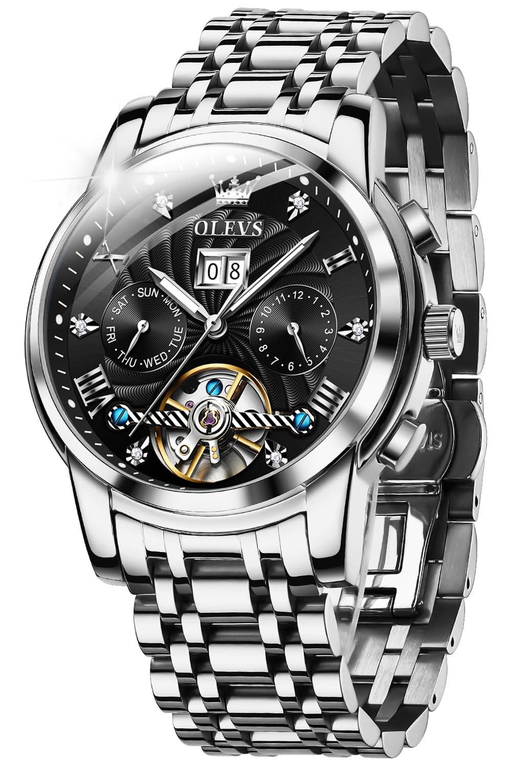 OLEVS Luxe Men's Automatic Skeleton Diamond Watch, Black dial