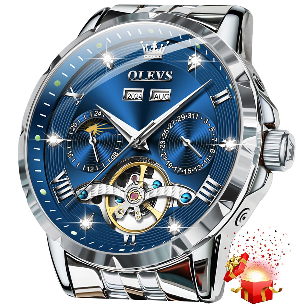 OLEVS Men's Luxury Skeleton Diamond Watch, Blue dial