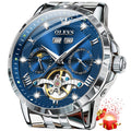 OLEVS Men's Luxury Skeleton Diamond Watch, Blue dial